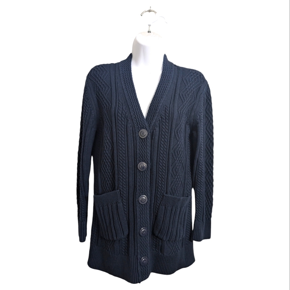 Cabi Navy Blue Cable Knit Cardigan Sweater V-Neck Button Front Long Sleeve S